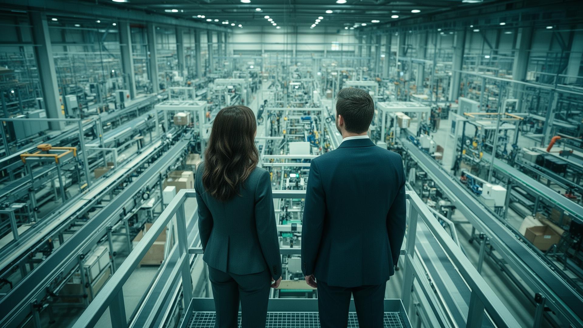 Zwei Hyperion-Berater blicken über eine moderne Produktionshalle
